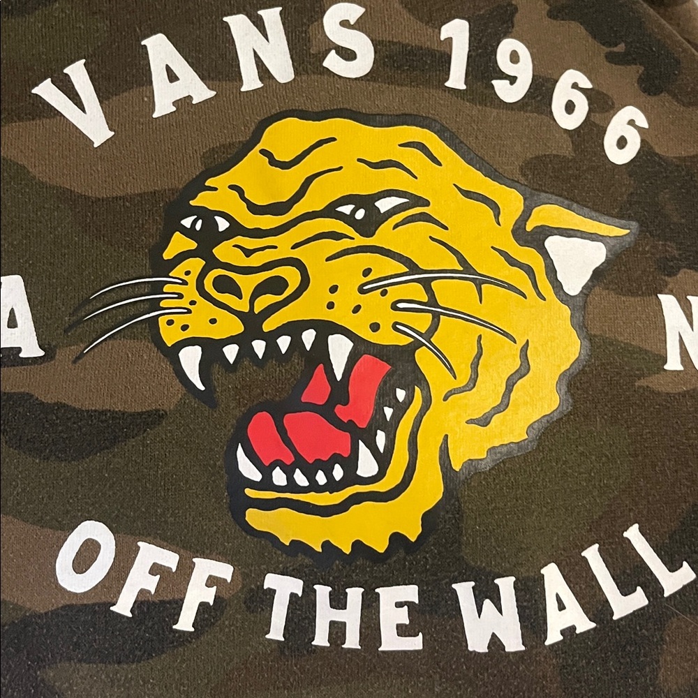 Vans Camo Hoodie with Yellow Panther and White Text